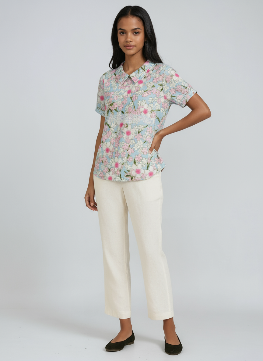 BOTANICAL CHARM | GREEN LINEN BLOUSE WITH FLORAL EMBROIDERY