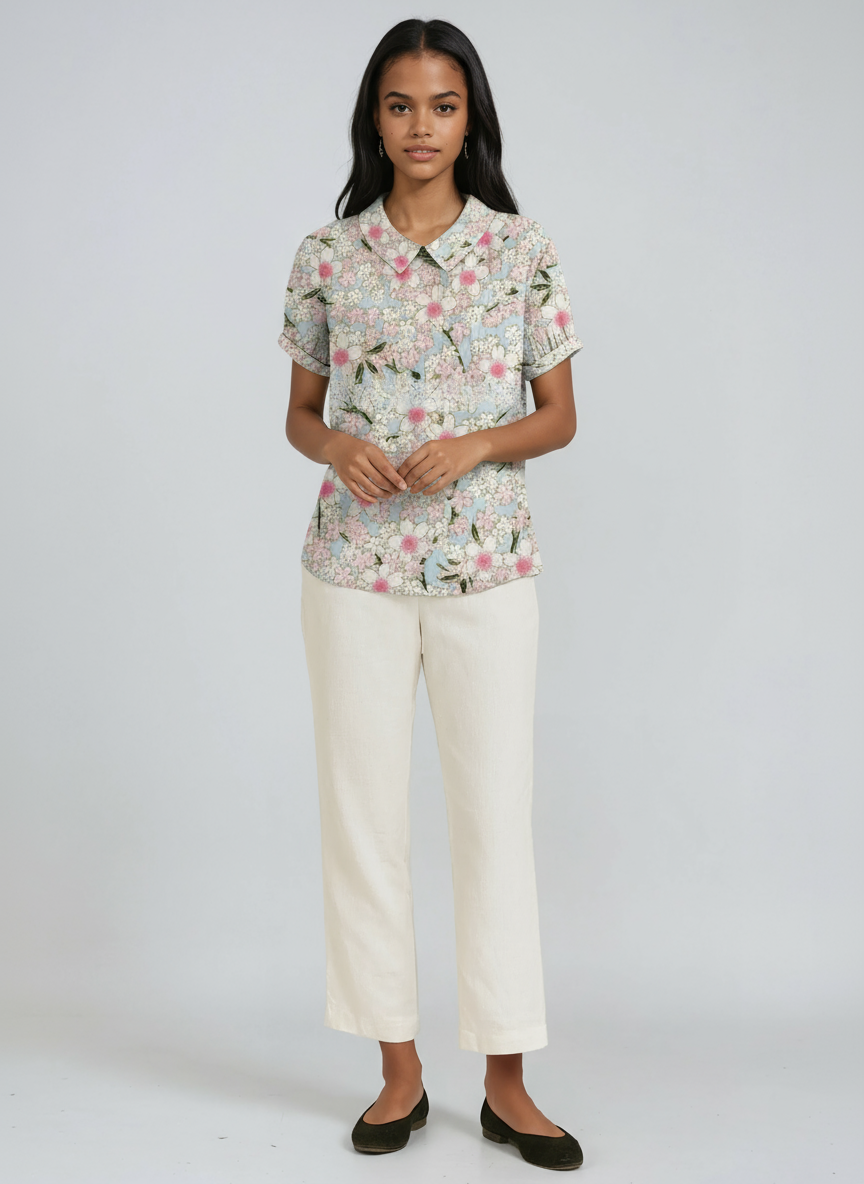 BOTANICAL CHARM | GREEN LINEN BLOUSE WITH FLORAL EMBROIDERY