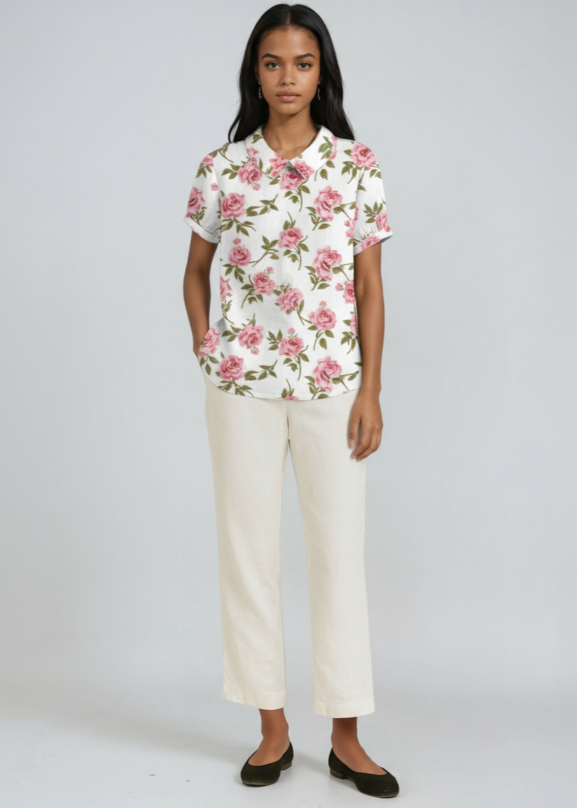 BOTANICAL CHARM | GREEN LINEN BLOUSE WITH FLORAL EMBROIDERY