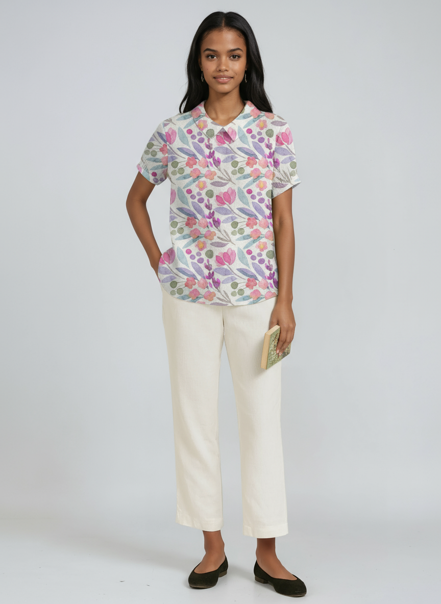 BOTANICAL CHARM | GREEN LINEN BLOUSE WITH FLORAL EMBROIDERY