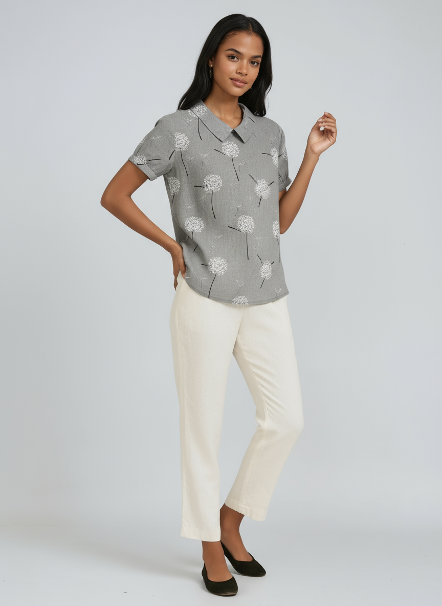 BOTANICAL CHARM | GREEN LINEN BLOUSE WITH FLORAL EMBROIDERY