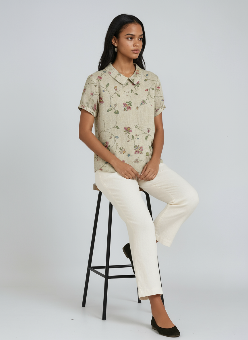 BOTANICAL CHARM | GREEN LINEN BLOUSE WITH FLORAL EMBROIDERY