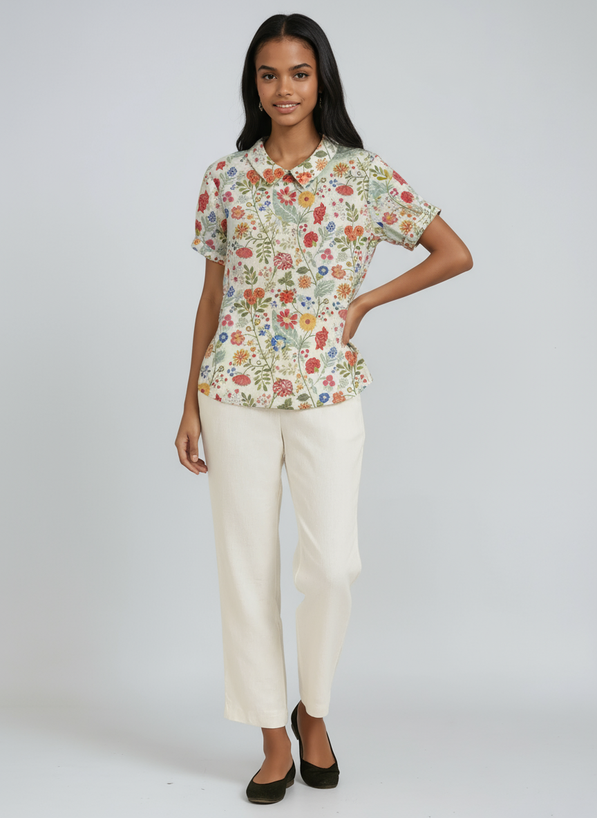 BOTANICAL CHARM | GREEN LINEN BLOUSE WITH FLORAL EMBROIDERY