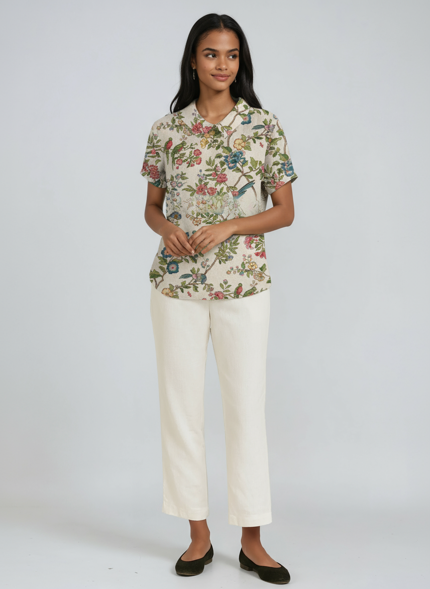 BOTANICAL CHARM | GREEN LINEN BLOUSE WITH FLORAL EMBROIDERY