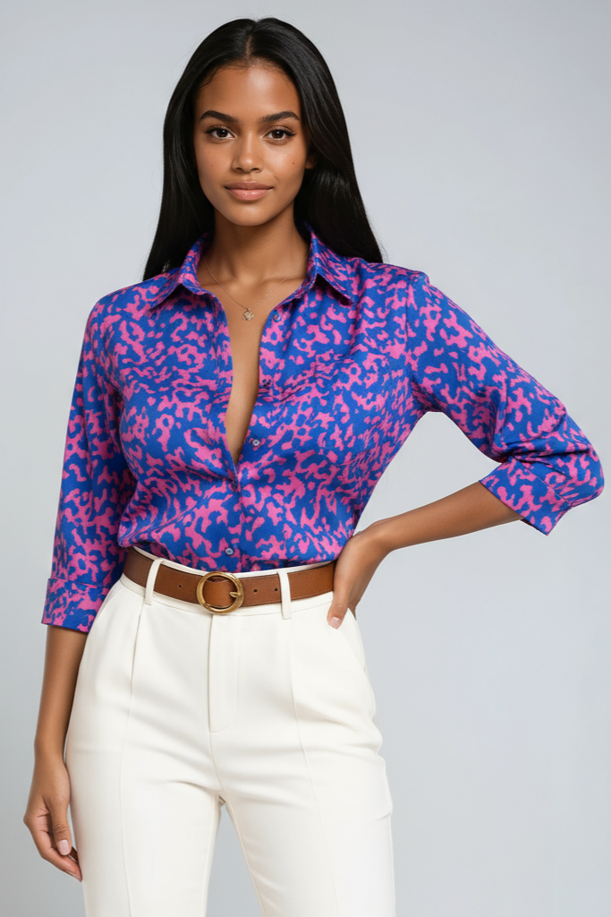 GRAPHIC CHIC | BLUE GEOMETRIC PRINT BUTTON-UP BLOUSE