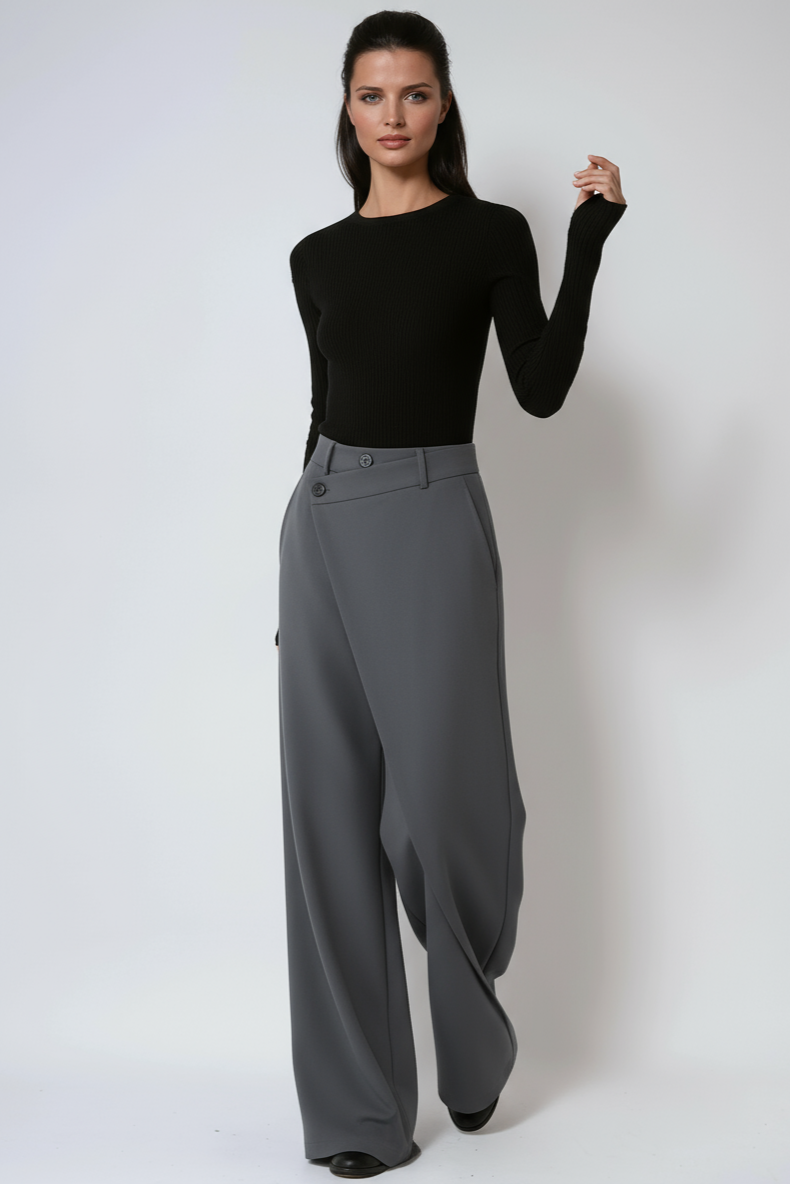 MODERN ELEGANCE | ASYMMETRIC HIGH WAIST WIDE LEG TROUSERS