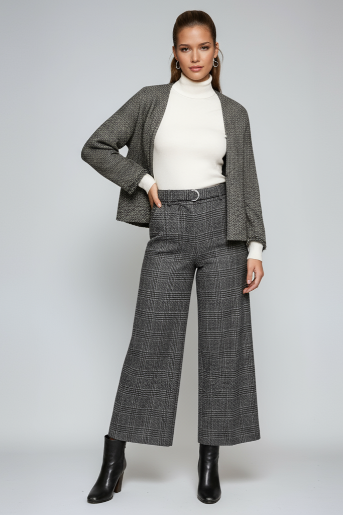 URBAN ELEGANCE | BELTED WIDE LEG CROPPED TROUSERS WITH CHECK PATTERN