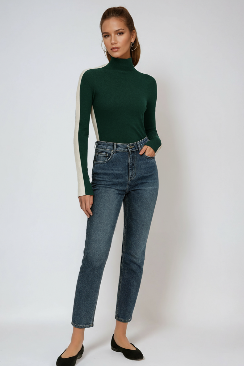 TWO TONE LONG SLEEVE KNITTED TOP