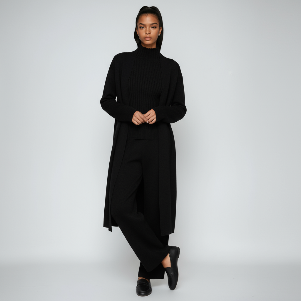 THREE PIECE KNITTED SET – CARDIGAN, TOP & WIDE LEG PANTS