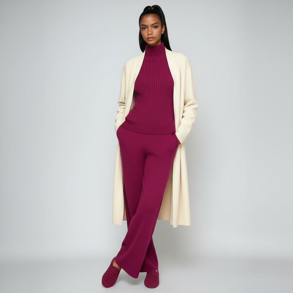 THREE PIECE KNITTED SET – CARDIGAN, TOP & WIDE LEG PANTS