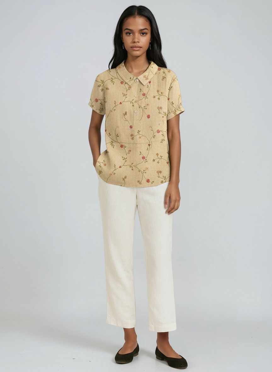 BOTANICAL CHARM | GREEN LINEN BLOUSE WITH FLORAL EMBROIDERY
