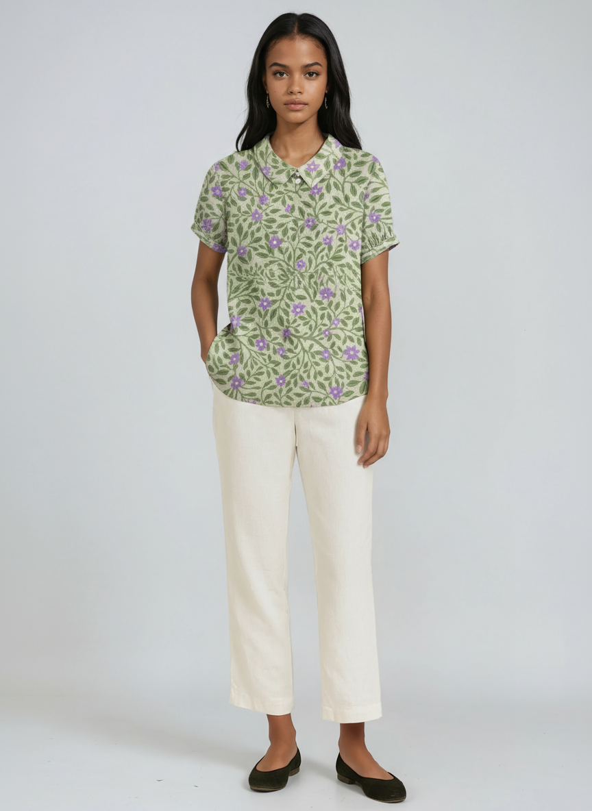 BOTANICAL CHARM | GREEN LINEN BLOUSE WITH FLORAL EMBROIDERY