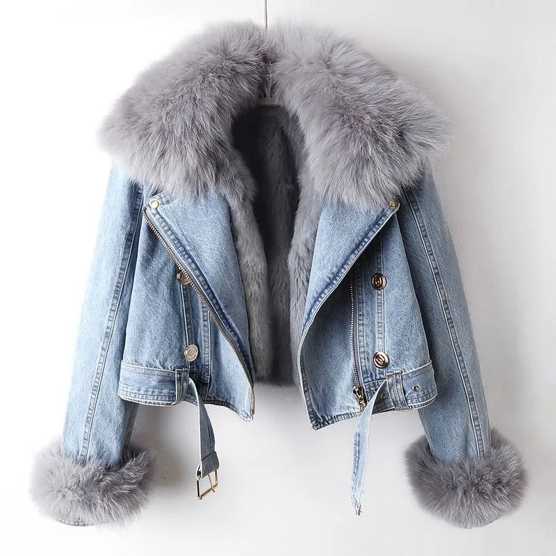 Denim Winter Jacket with Fur Collar