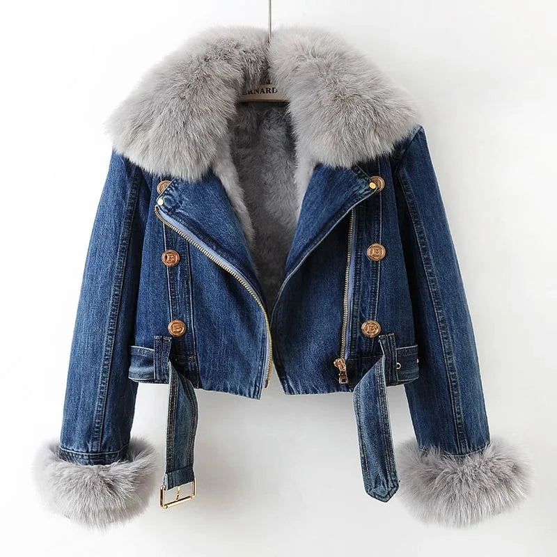 Denim Winter Jacket with Fur Collar