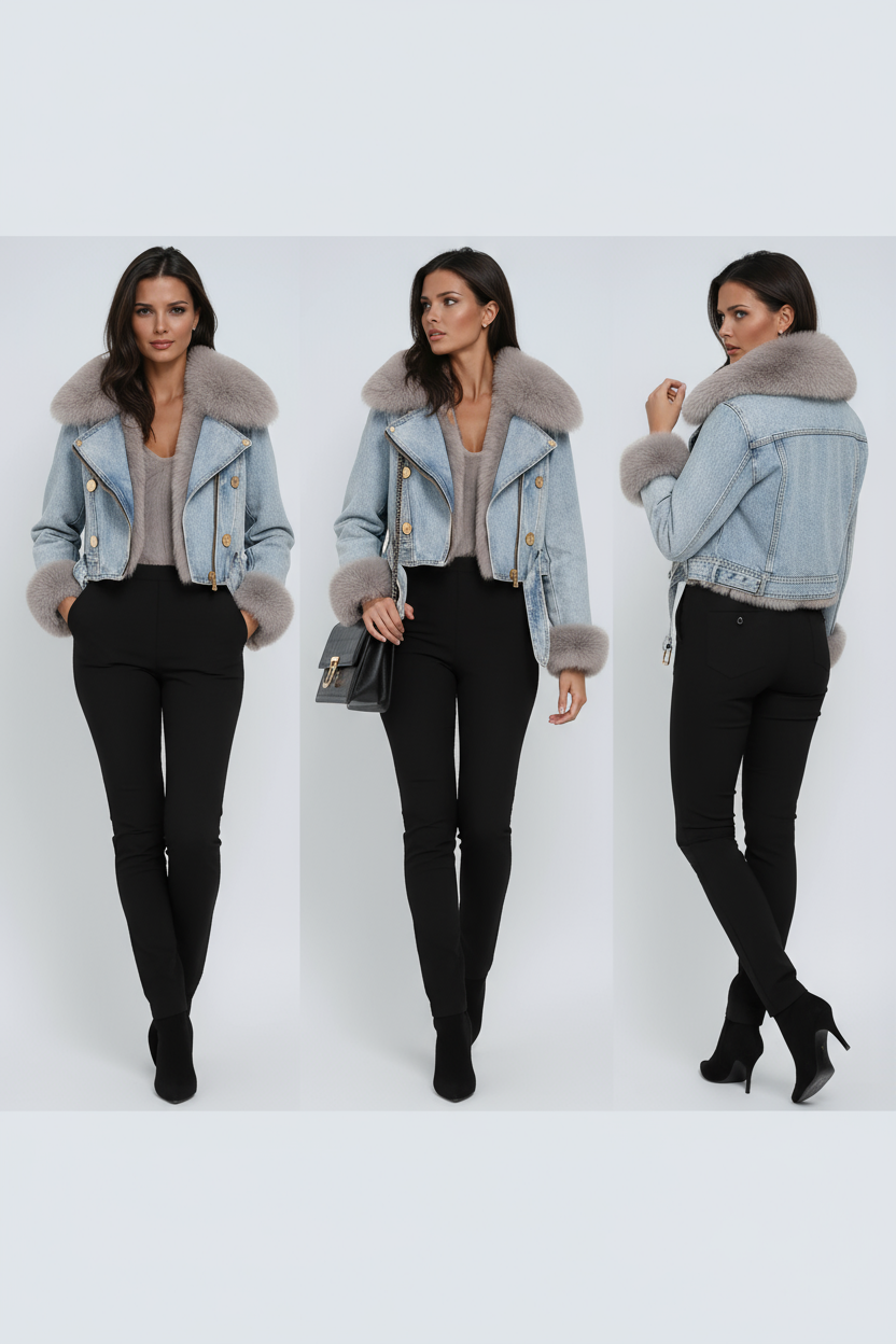 Denim Winter Jacket with Fur Collar