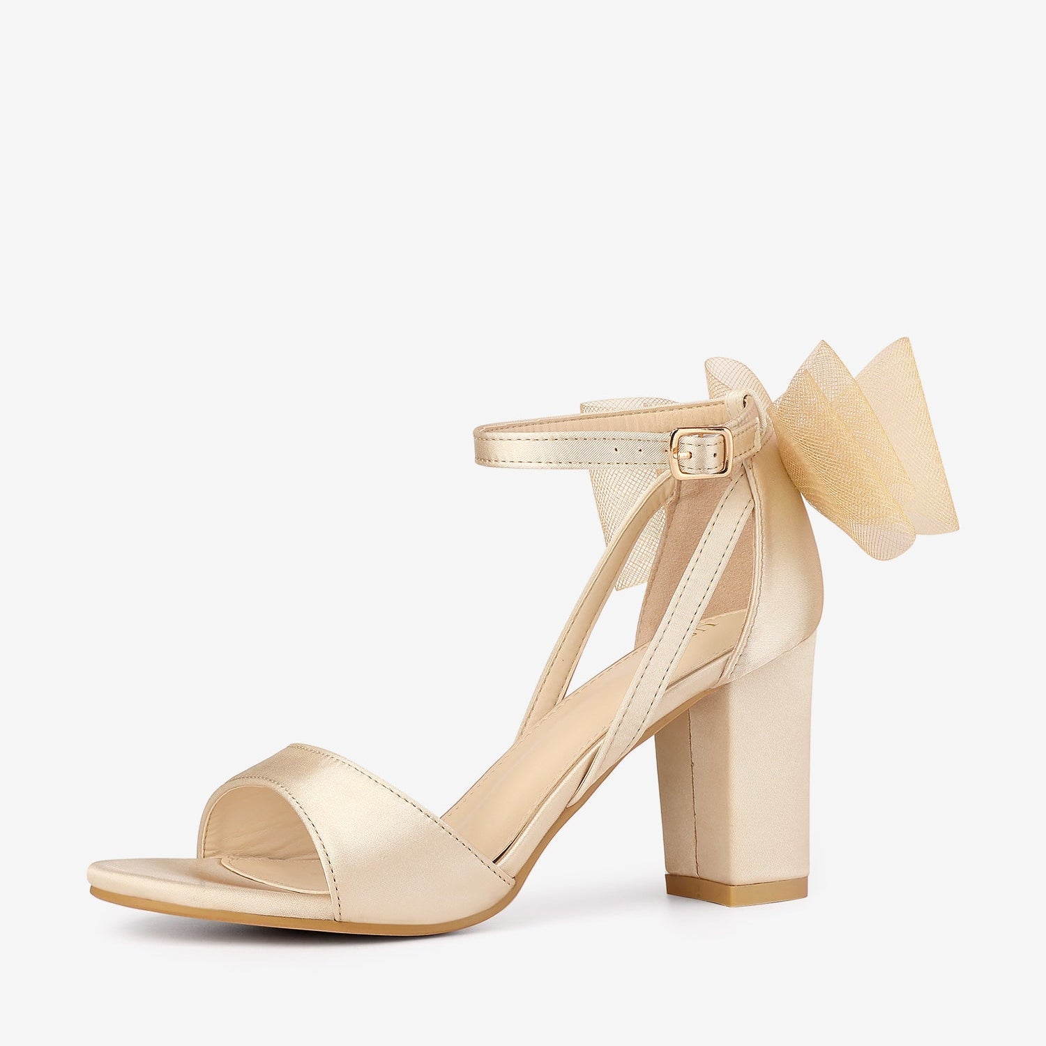 BLOCK HEEL PUMPS | OPEN TOE ANKLE STRAP WITH TULLE BOW