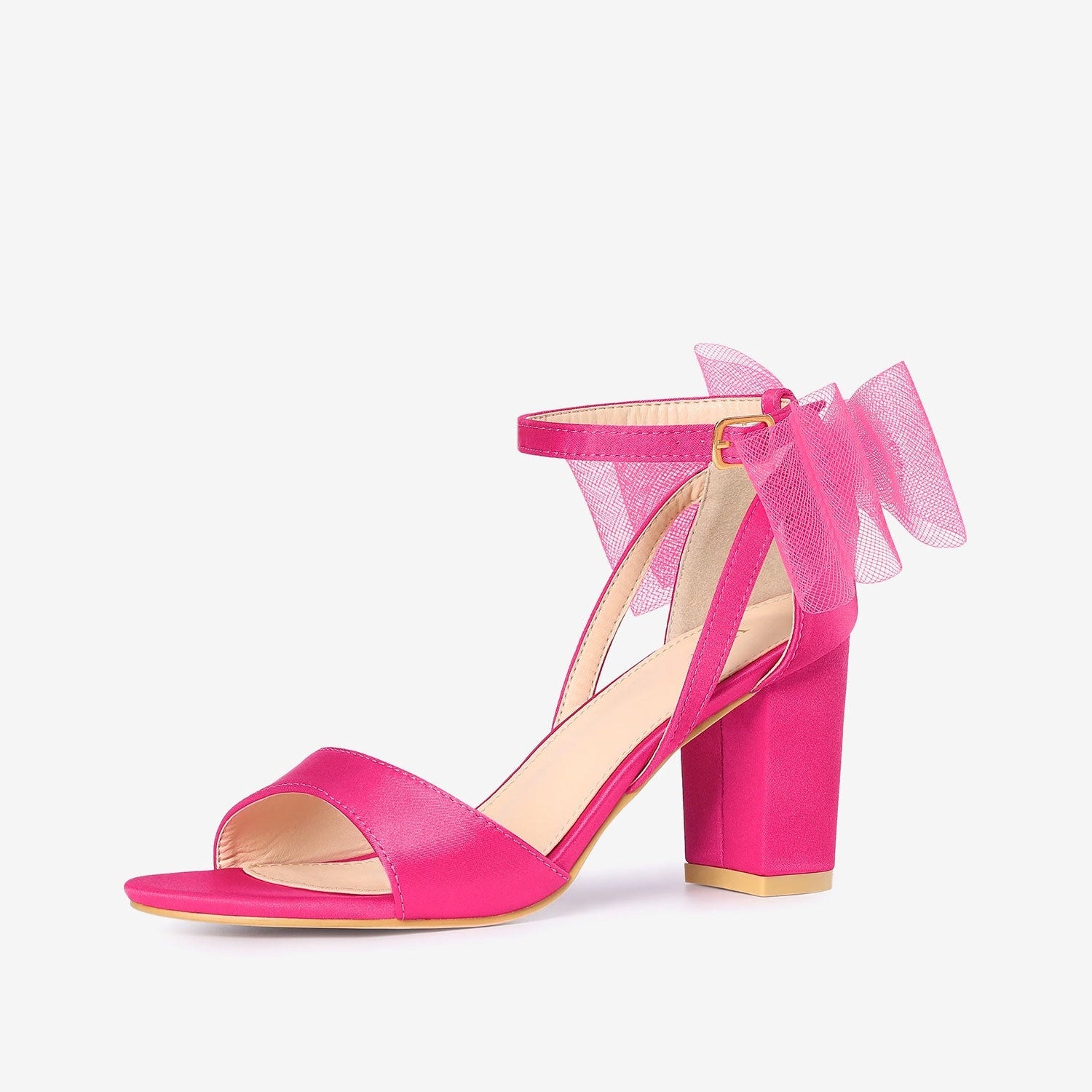 BLOCK HEEL PUMPS | OPEN TOE ANKLE STRAP WITH TULLE BOW