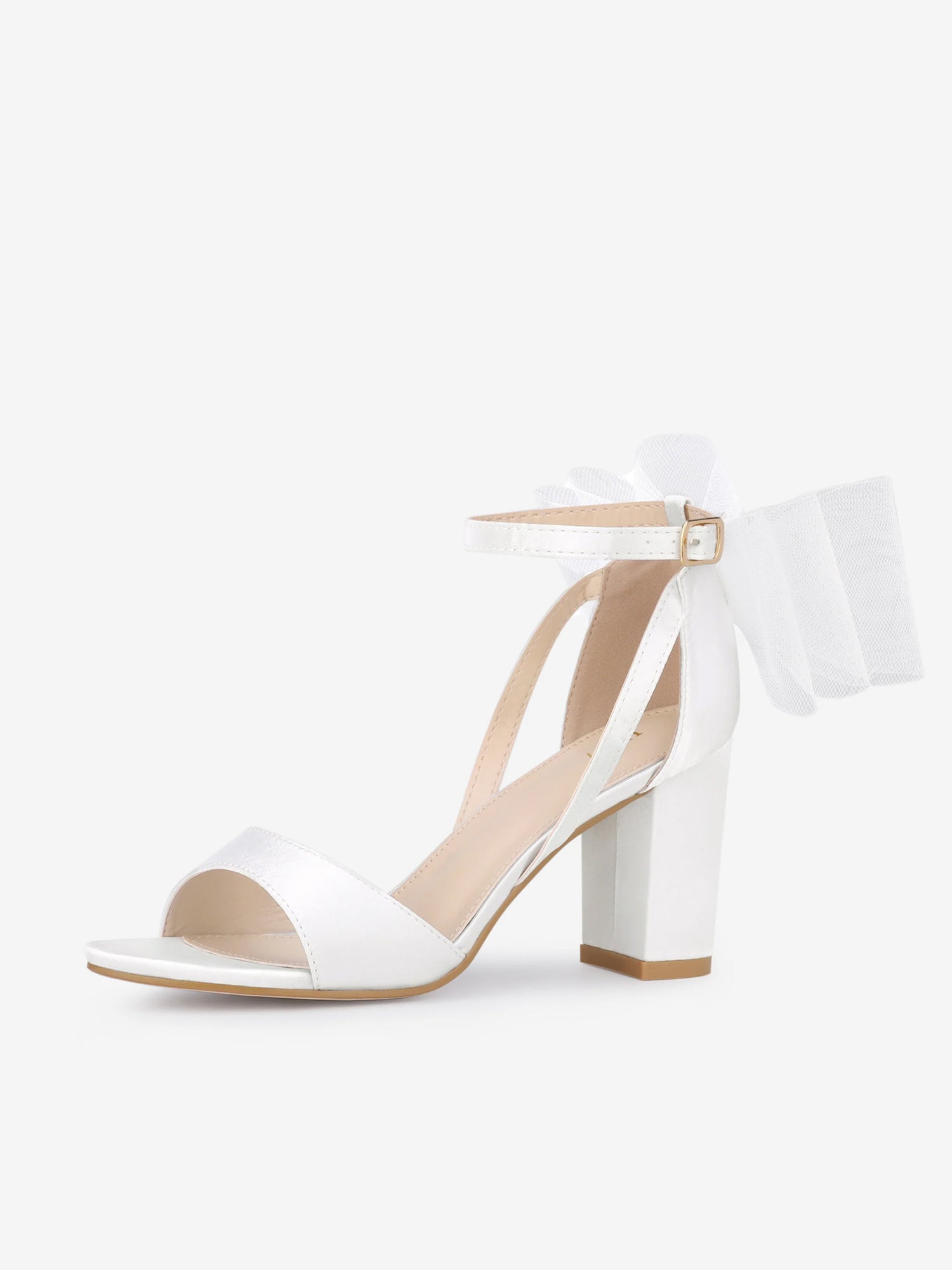 BLOCK HEEL PUMPS | OPEN TOE ANKLE STRAP WITH TULLE BOW