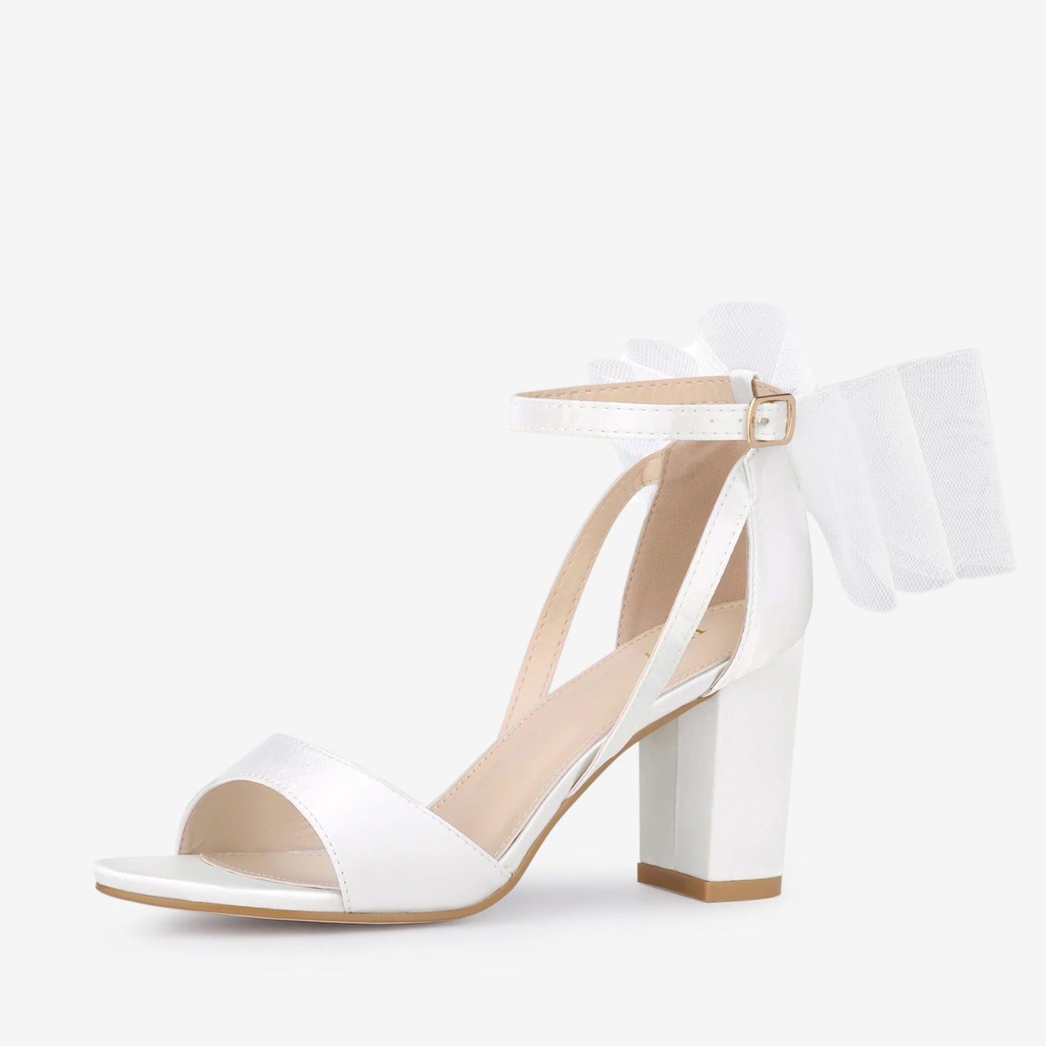 BLOCK HEEL PUMPS | OPEN TOE ANKLE STRAP WITH TULLE BOW