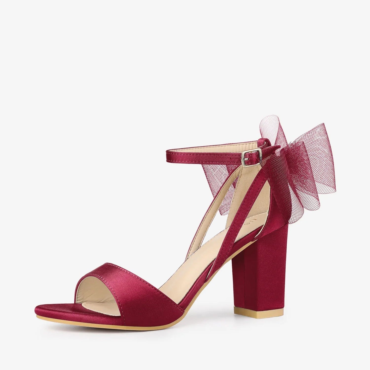 BLOCK HEEL PUMPS | OPEN TOE ANKLE STRAP WITH TULLE BOW