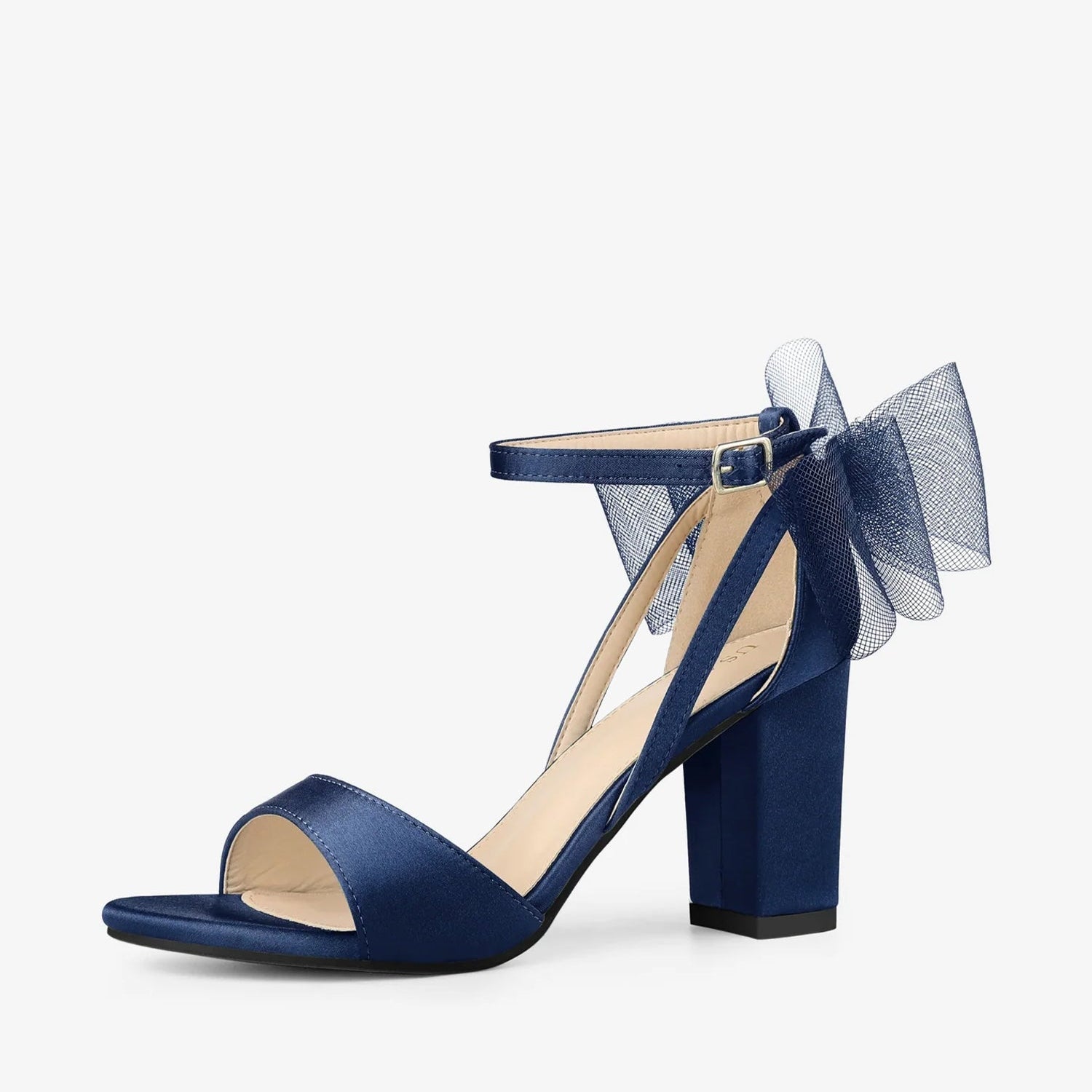 BLOCK HEEL PUMPS | OPEN TOE ANKLE STRAP WITH TULLE BOW