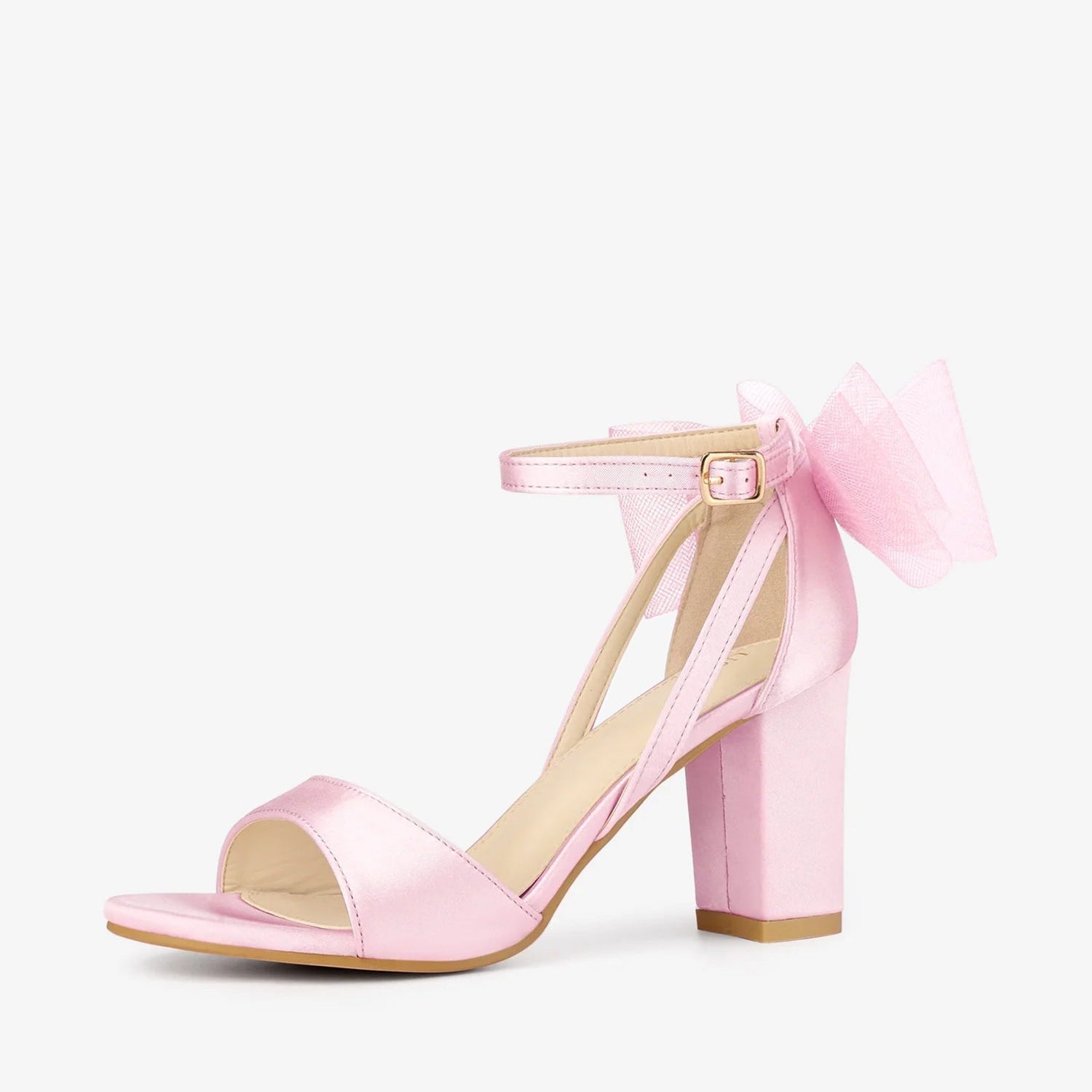 BLOCK HEEL PUMPS | OPEN TOE ANKLE STRAP WITH TULLE BOW