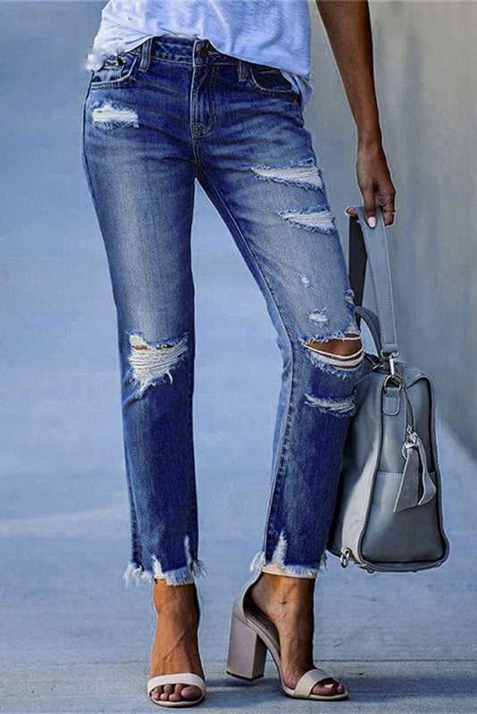 STREET EDGE | DISTRESSED STRAIGHT LEG JEANS WITH RAW HEM