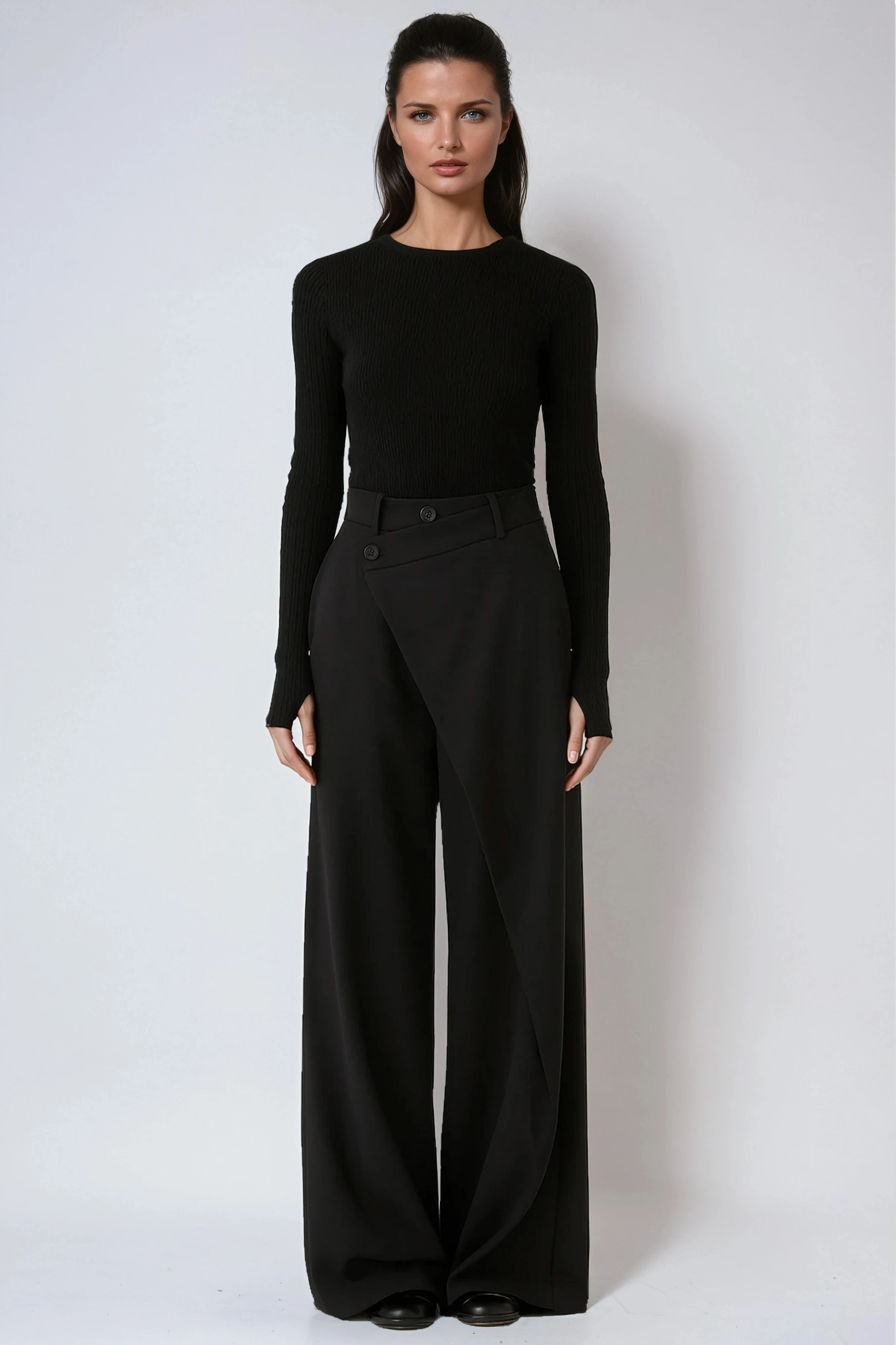 MODERN ELEGANCE | ASYMMETRIC HIGH WAIST WIDE LEG TROUSERS