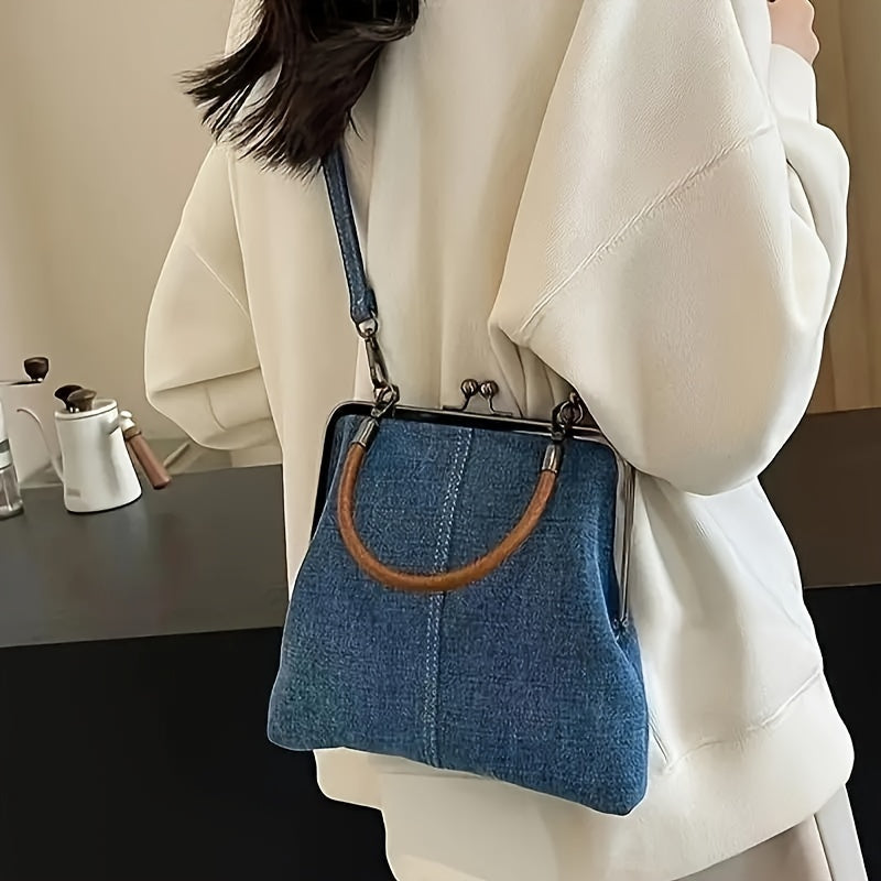 RETRO TOUCH | DENIM FRAME HANDBAG WITH WOODEN HANDLE