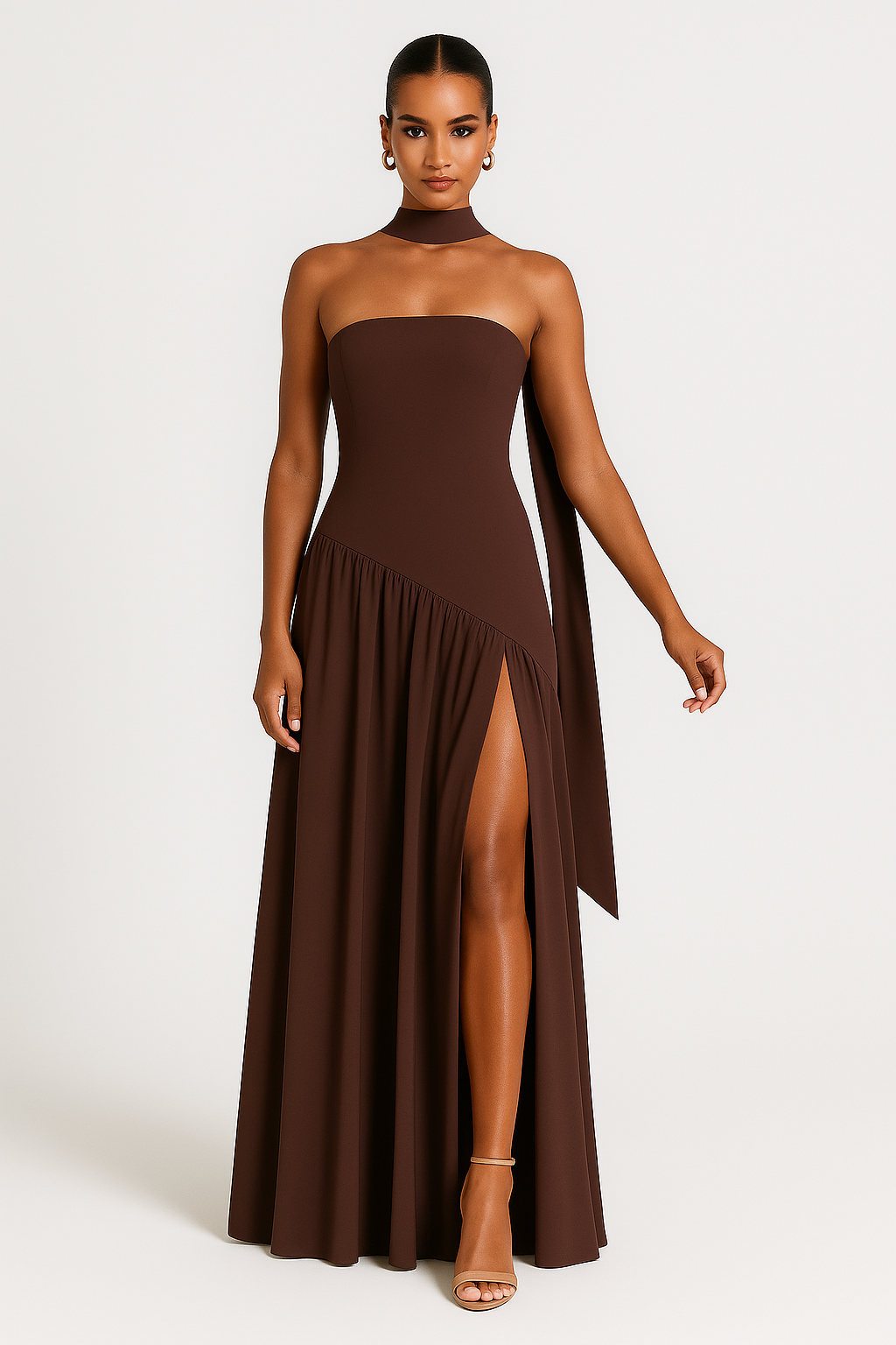 STRAPLESS PROM DRESS | HIGH-SLIT MAXI WITH SCARF NECK ACCENT