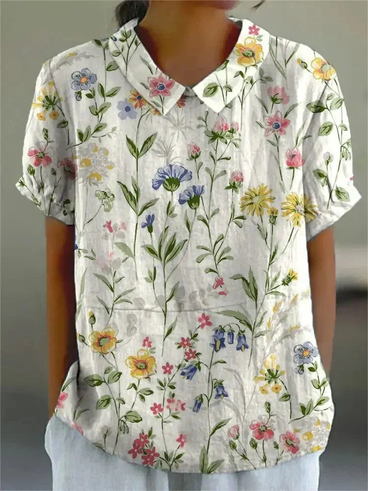 BOTANICAL CHARM | GREEN LINEN BLOUSE WITH FLORAL EMBROIDERY