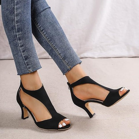 PEEP TOE HEELS | ELEGANT ANKLE STRAP SANDALS WITH MID HEEL