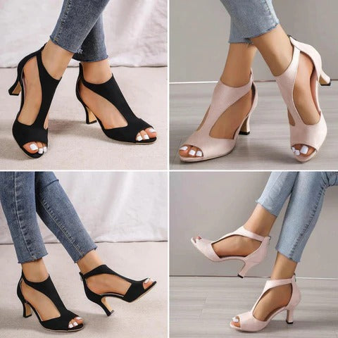 PEEP TOE HEELS | ELEGANT ANKLE STRAP SANDALS WITH MID HEEL