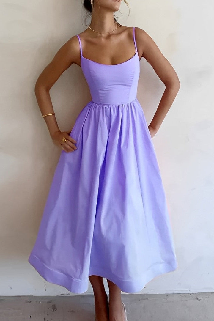 MIDI PARTY DRESS | FITTED SPAGHETTI STRAP FLARED SILHOUETTE