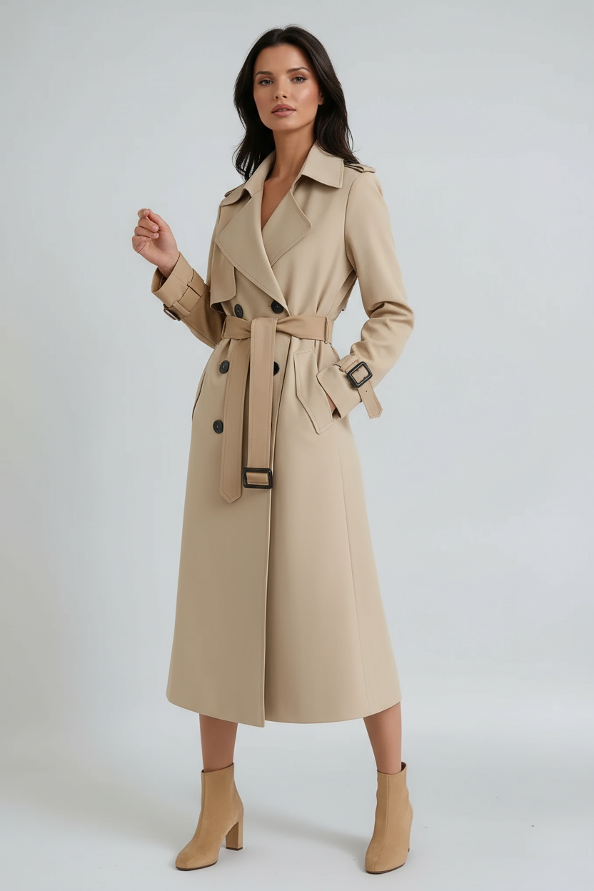 TRENCH COAT | LONG DOUBLE BREASTED COAT WITH BELT