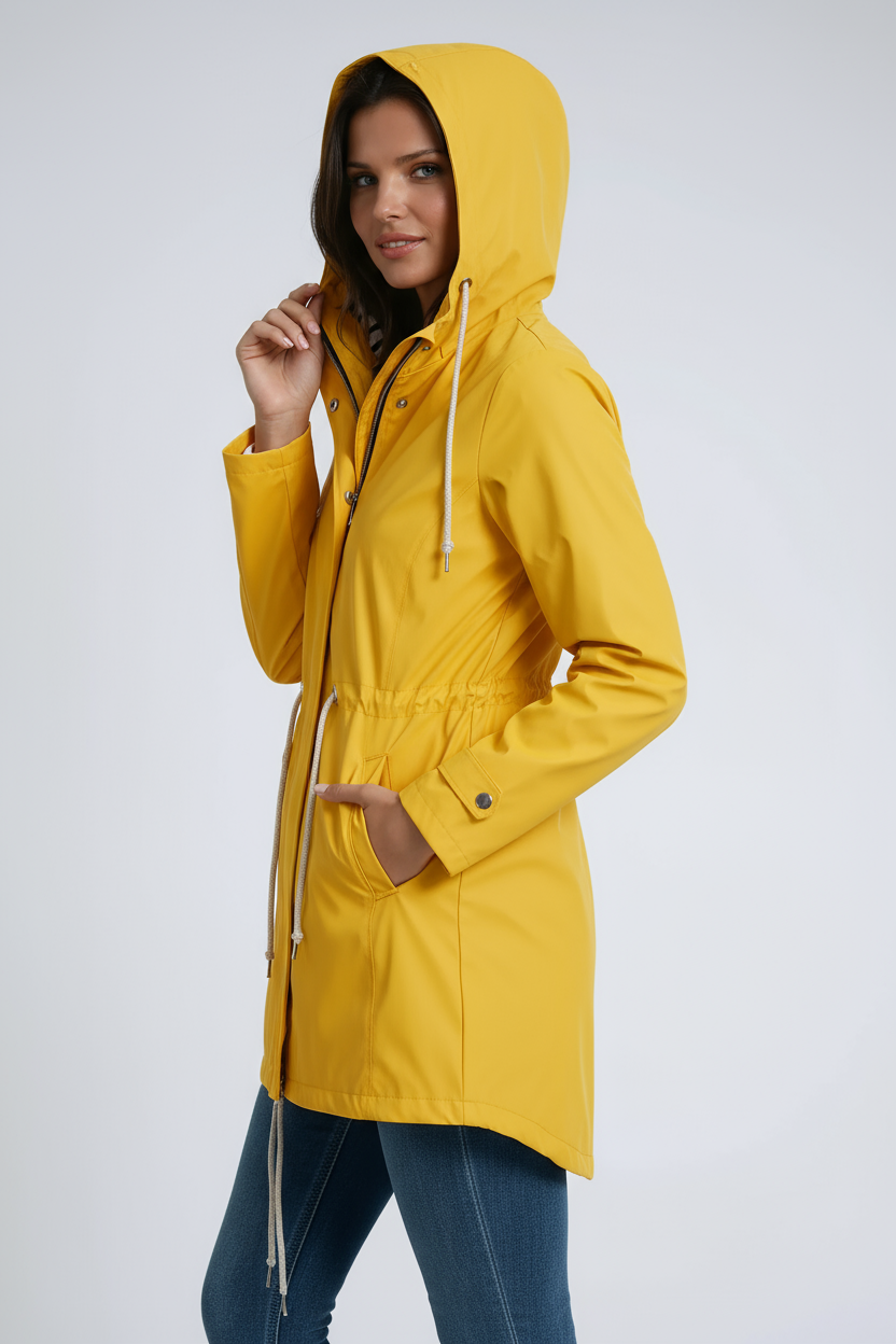 RAIN JACKET | PARKA COAT WITH HOOD AND DRAWSTRING WAIST