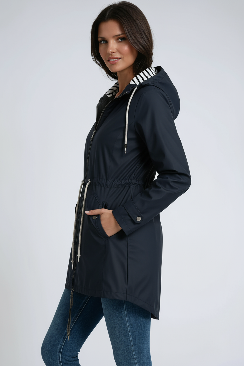 RAIN JACKET | PARKA COAT WITH HOOD AND DRAWSTRING WAIST