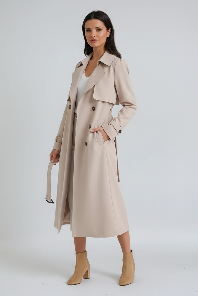 TRENCH COAT | LONG DOUBLE BREASTED COAT WITH BELT