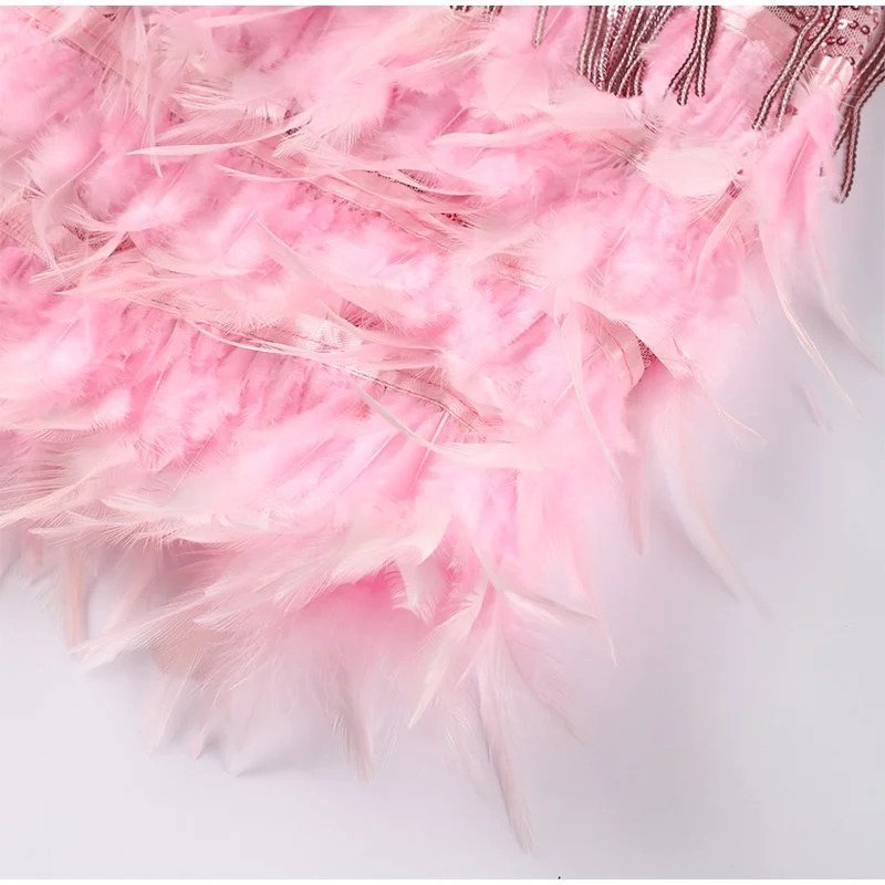 SEQUIN MINI DRESS | FRINGE DETAILING & FEATHER TRIM HEM