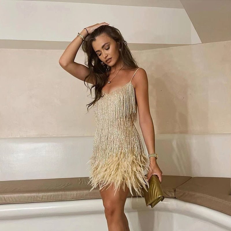 SEQUIN MINI DRESS | FRINGE DETAILING & FEATHER TRIM HEM