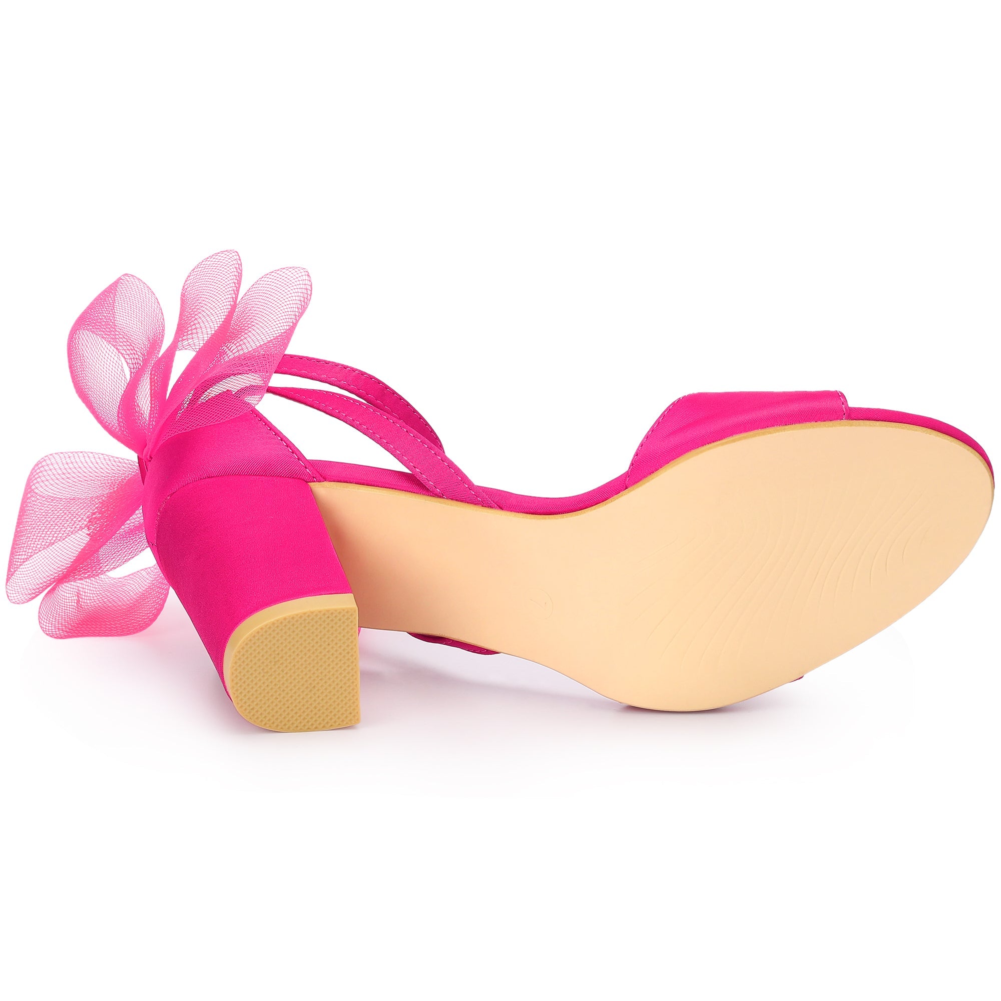 BLOCK HEEL PUMPS | OPEN TOE ANKLE STRAP WITH TULLE BOW