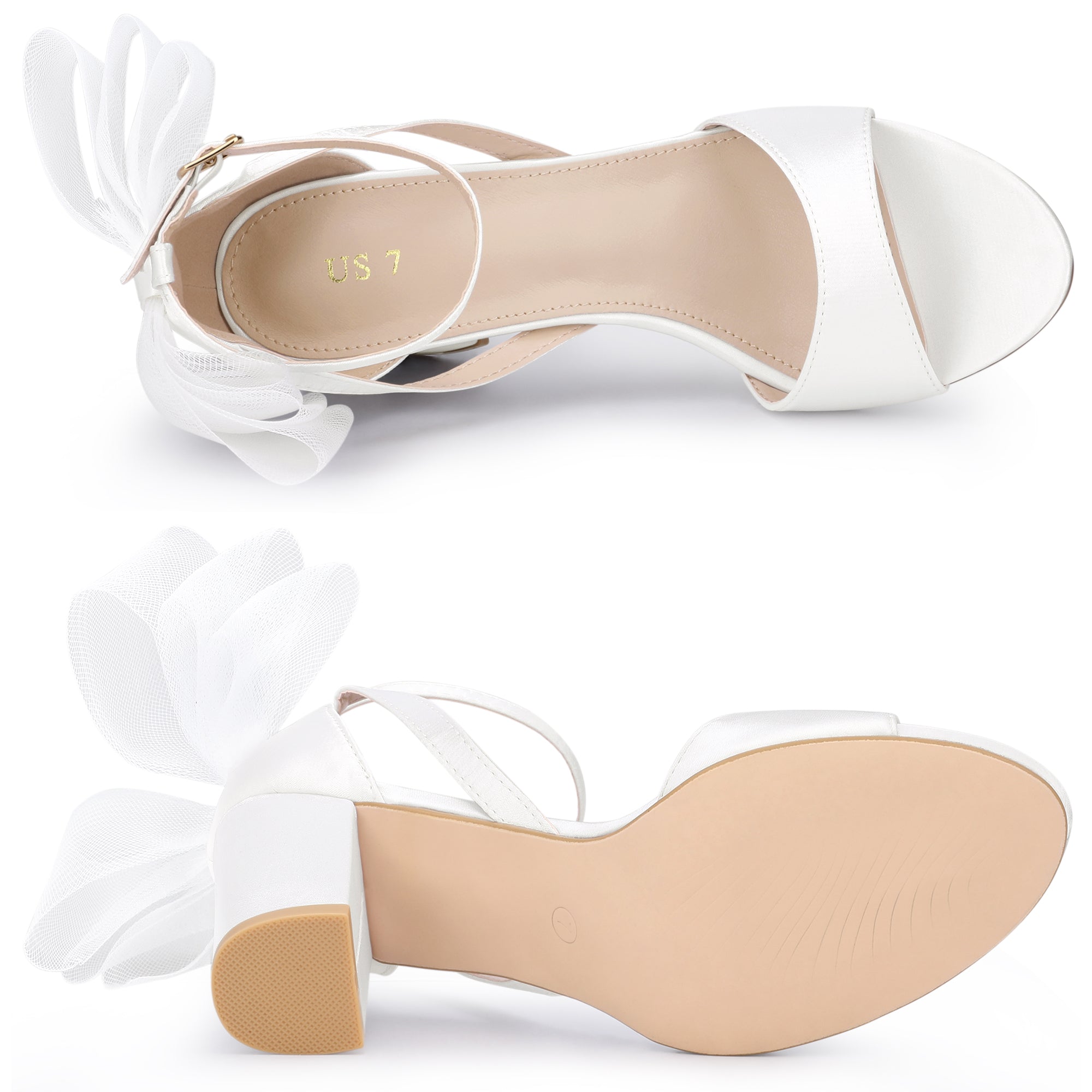 BLOCK HEEL PUMPS | OPEN TOE ANKLE STRAP WITH TULLE BOW