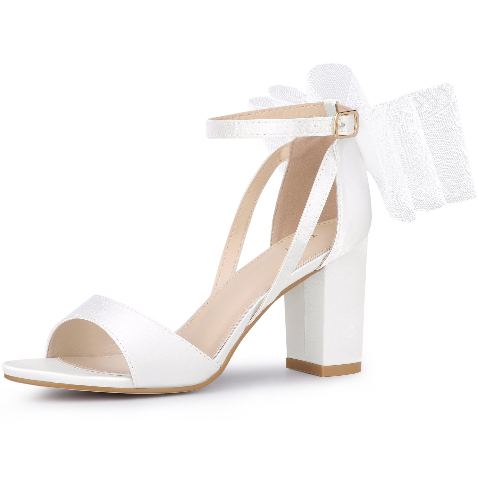 BLOCK HEEL PUMPS | OPEN TOE ANKLE STRAP WITH TULLE BOW