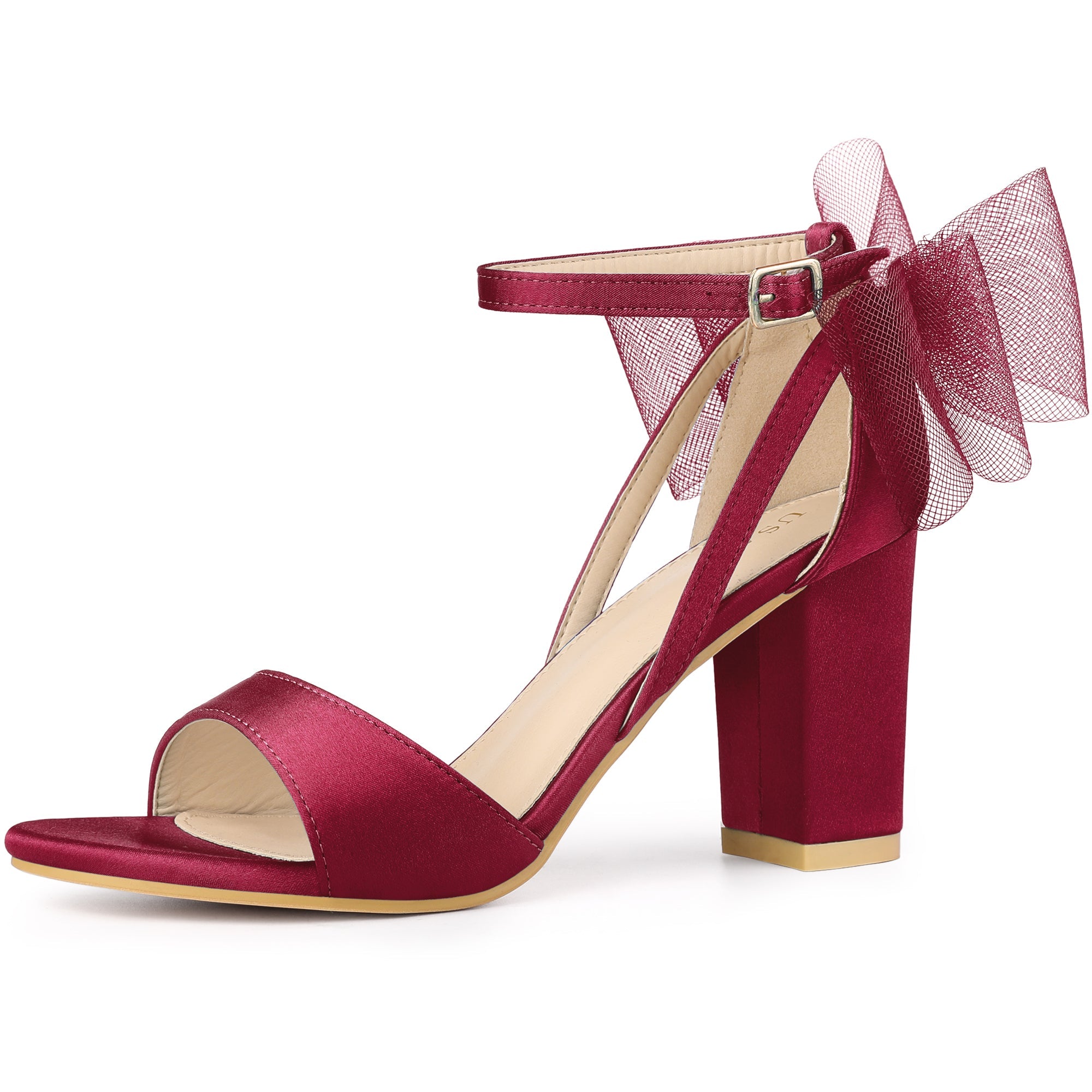 BLOCK HEEL PUMPS | OPEN TOE ANKLE STRAP WITH TULLE BOW