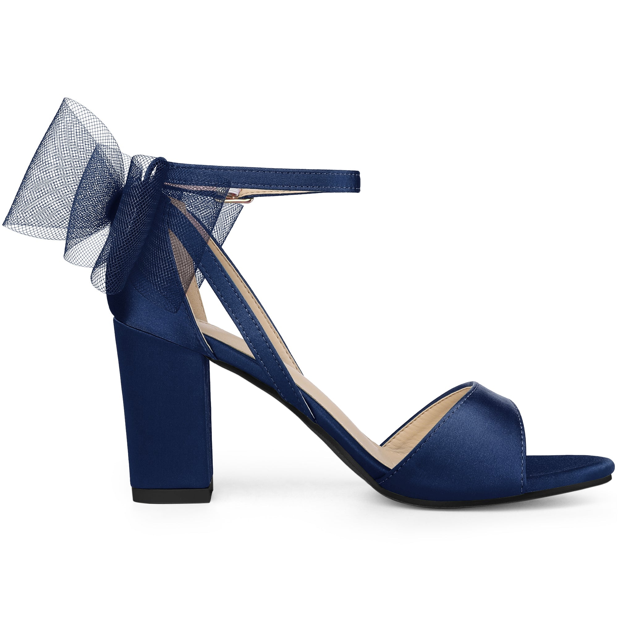 BLOCK HEEL PUMPS | OPEN TOE ANKLE STRAP WITH TULLE BOW