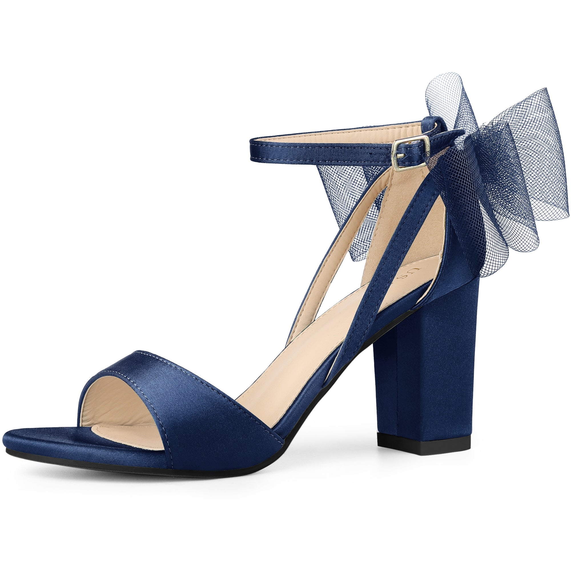 BLOCK HEEL PUMPS | OPEN TOE ANKLE STRAP WITH TULLE BOW