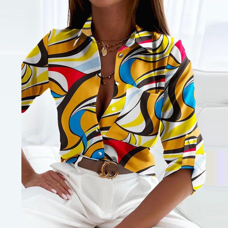 GRAPHIC CHIC | BLUE GEOMETRIC PRINT BUTTON-UP BLOUSE