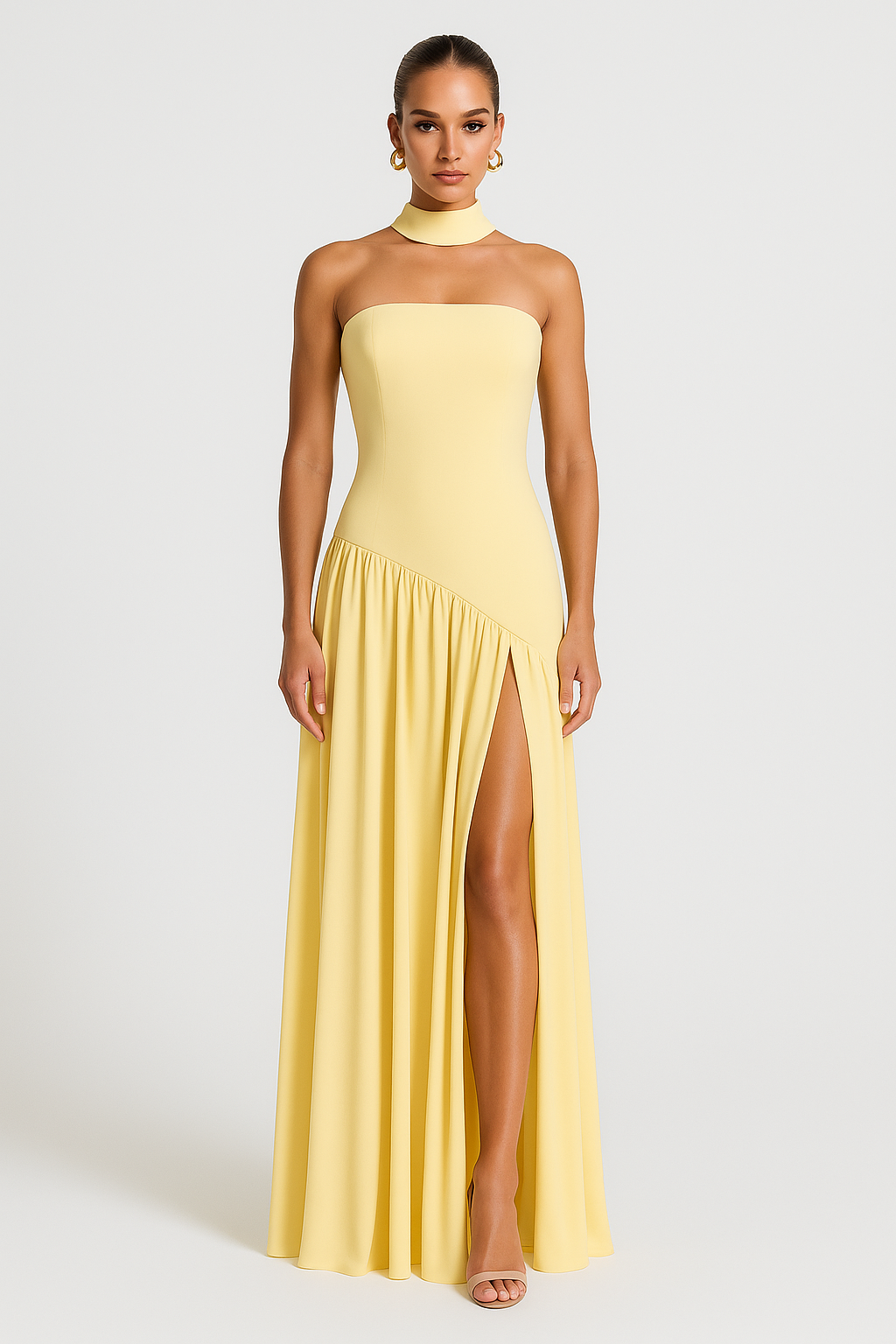 STRAPLESS PROM DRESS | HIGH-SLIT MAXI WITH SCARF NECK ACCENT