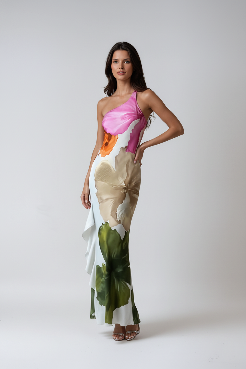 HALTER NECK PARTY DRESS | FLOWING SILHOUETTE WITH ARTISTIC PRINT