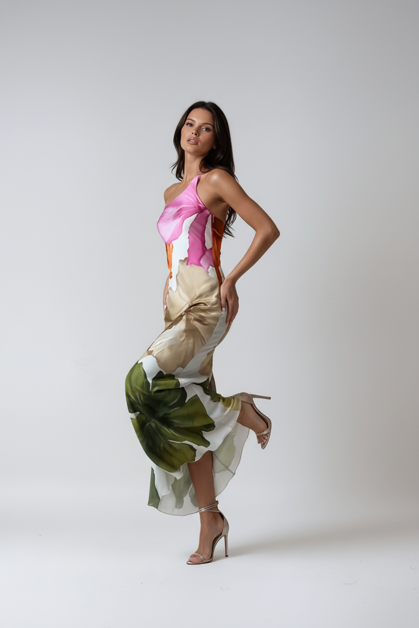 HALTER NECK PARTY DRESS | FLOWING SILHOUETTE WITH ARTISTIC PRINT